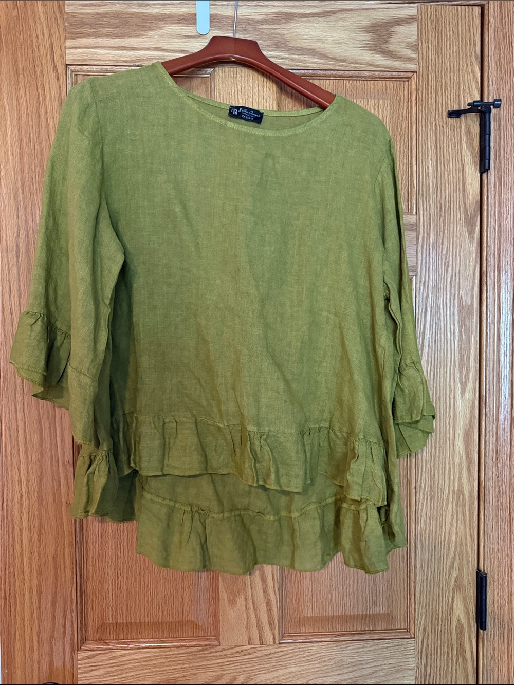 Bella Amore Olive Green Ruffle Tiered Linen Blouse